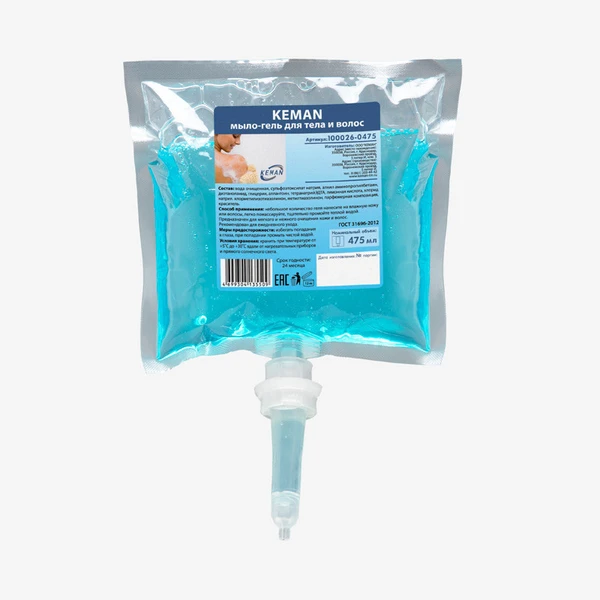 Мыло-гель для рук картридж Keman S2 для тела и волос синее 0,475 л (артикул производителя 100026-0475)