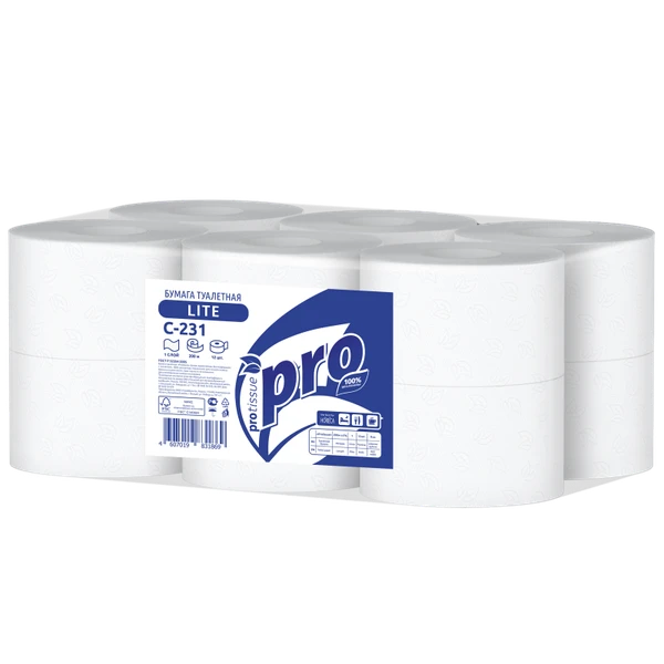 Туалетная бумага PROtissue 1 слойная белая 200 м в упаковке 12 рулонов (артикул производителя С231)